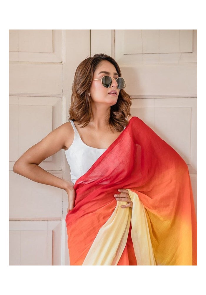 Malishka Export ساري قطن كتان مطبوع باللون الأحمر - Image 4